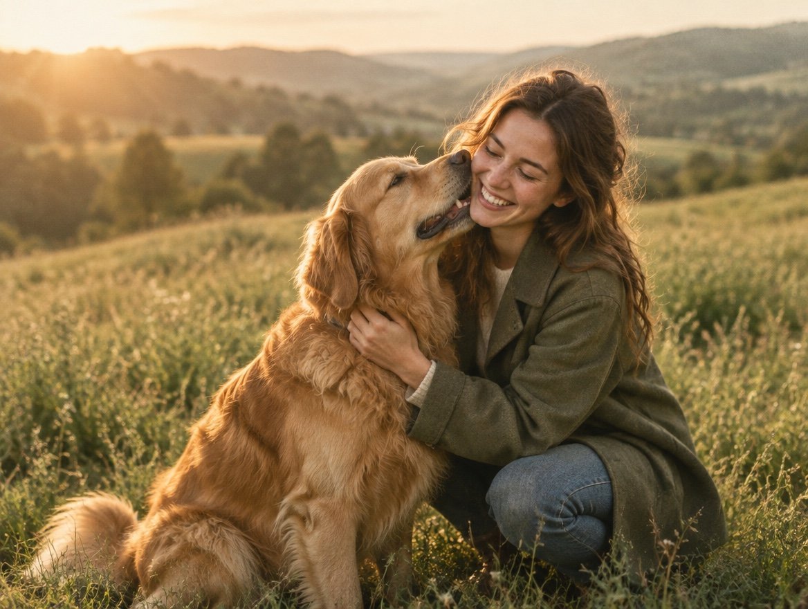Eine Frau und ein Golden Retriever genießen einen gemeinsamen Moment im Freien.